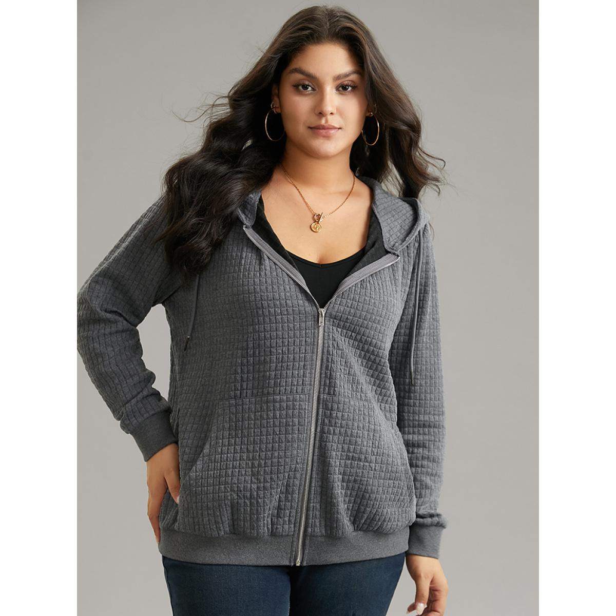 Plus Size Plain Zipper Drawstring Jacquard Jacket Women Gray Plain Pocket Everyday Jackets BloomChic 12/L Product Image