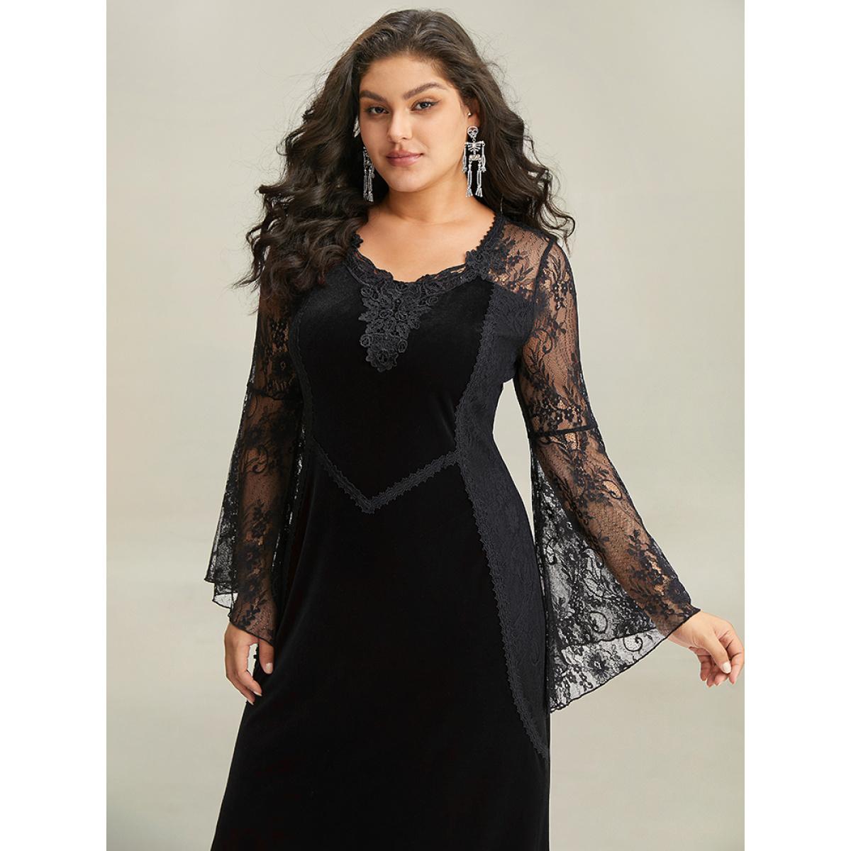 Plus Size Halloween Eyelet Lace Mesh Bell Sleeve Dress Black Women Elegant See through Round Neck Long Sleeve Curvy Midi Dress BloomChic 26/4X Product Image