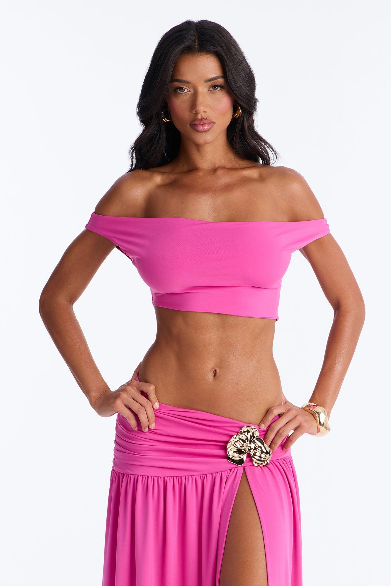 Marilyn Off Shoulder High Slit Maxi Skirt Set - Magenta Female Product Image