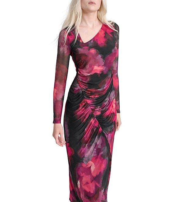 DKNY by Donna Karan Printed Knit Asymmetrical Neck Long Sleeves Cinched Sheath Midi Dress Product Image
