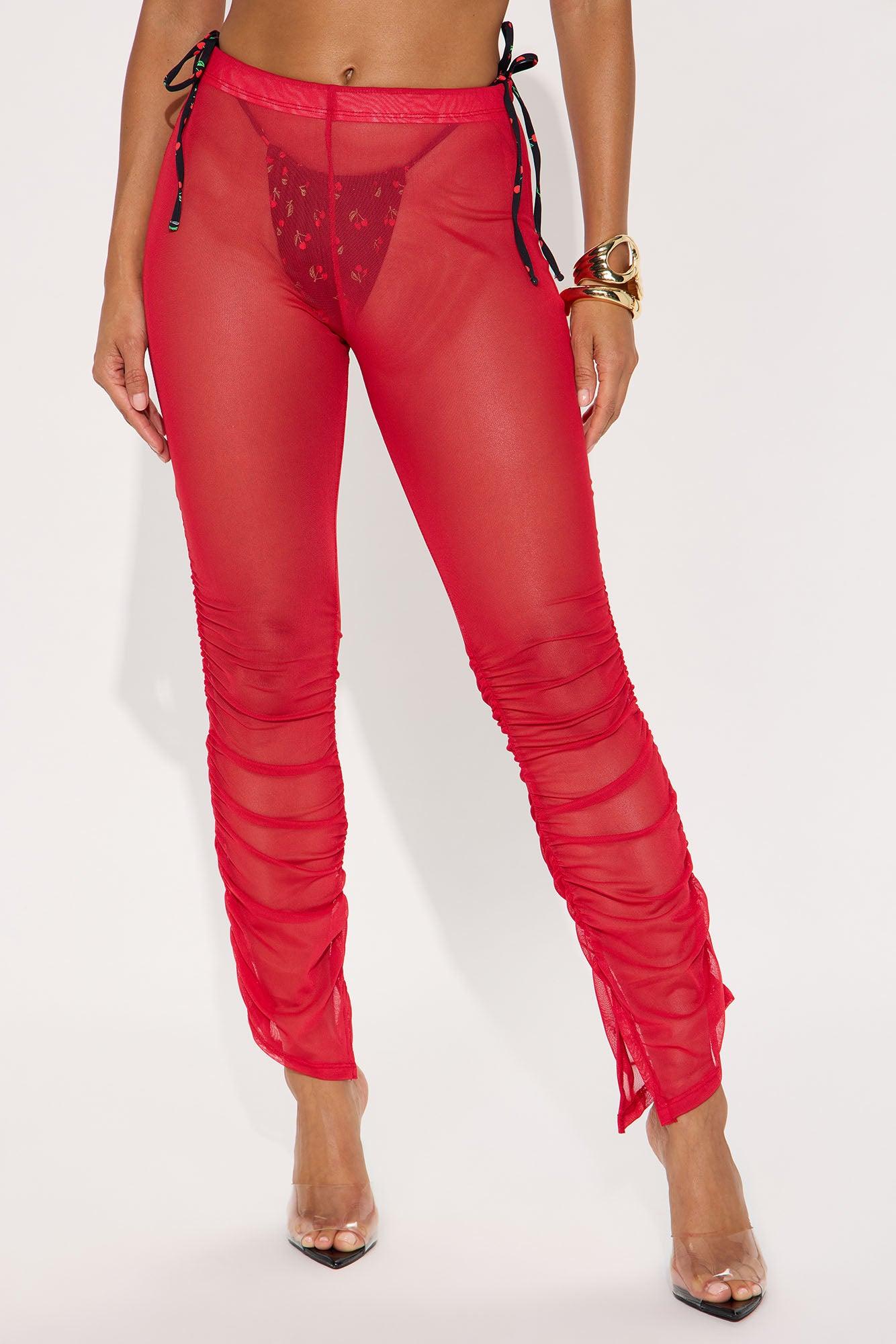 Summer Beach Party Ruched Mesh Cover Up Pants - Red Product Image