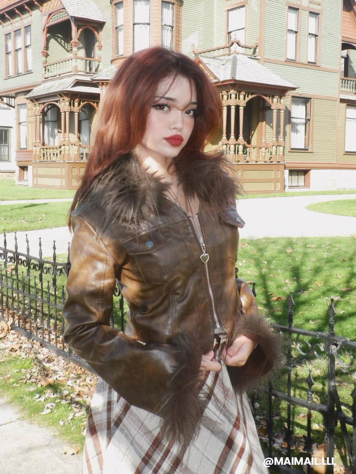 Aelfric Eden Fur Collar Faux Leather Jacket Female Product Image
