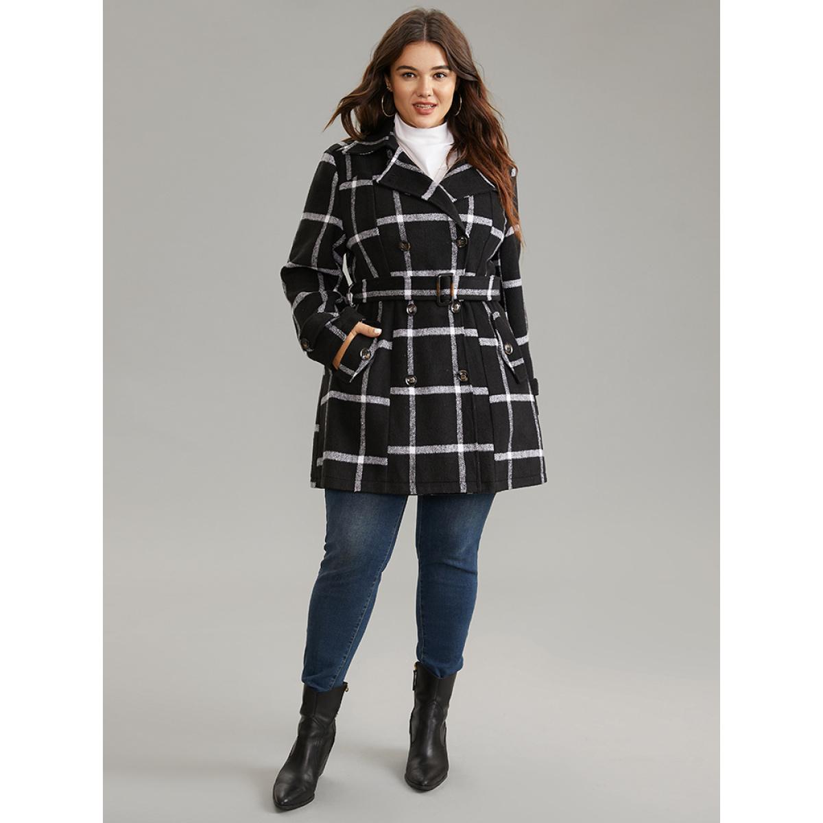 Plus Size Plaid Double Breasted Belted coat Women Black Casual Lined Ladies Dailywear Winter Coats BloomChic 28/5X Product Image