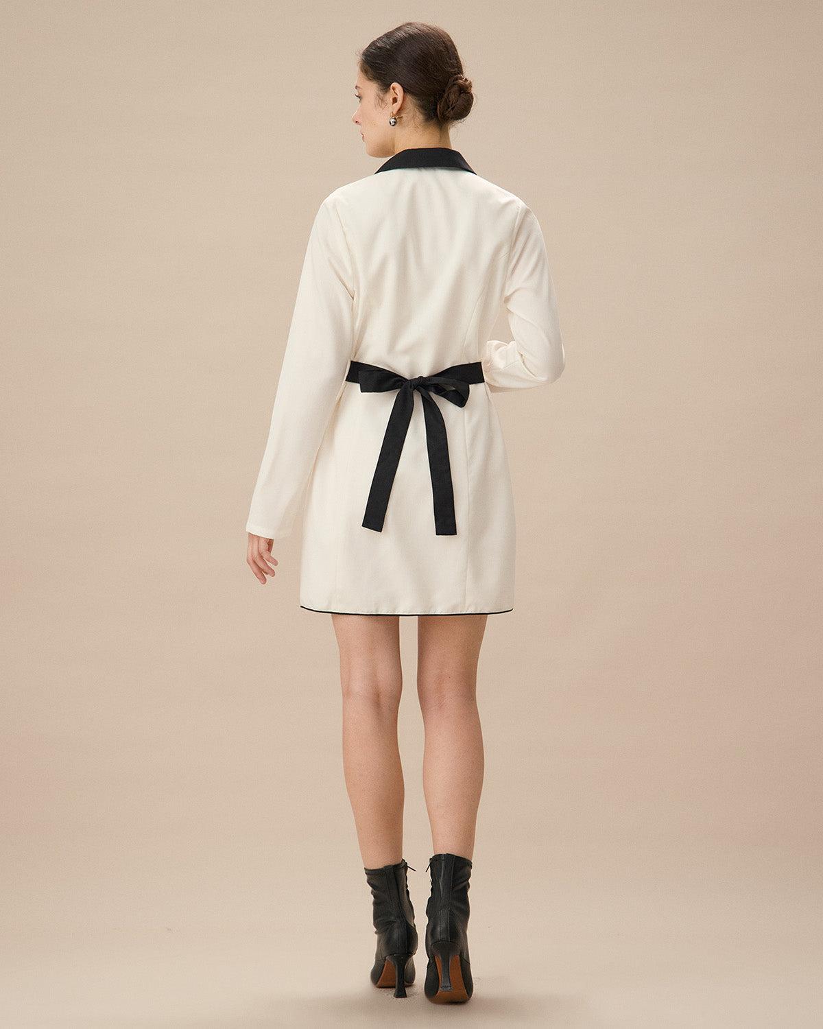 White Contrasting Button-Up Mini Dress Product Image