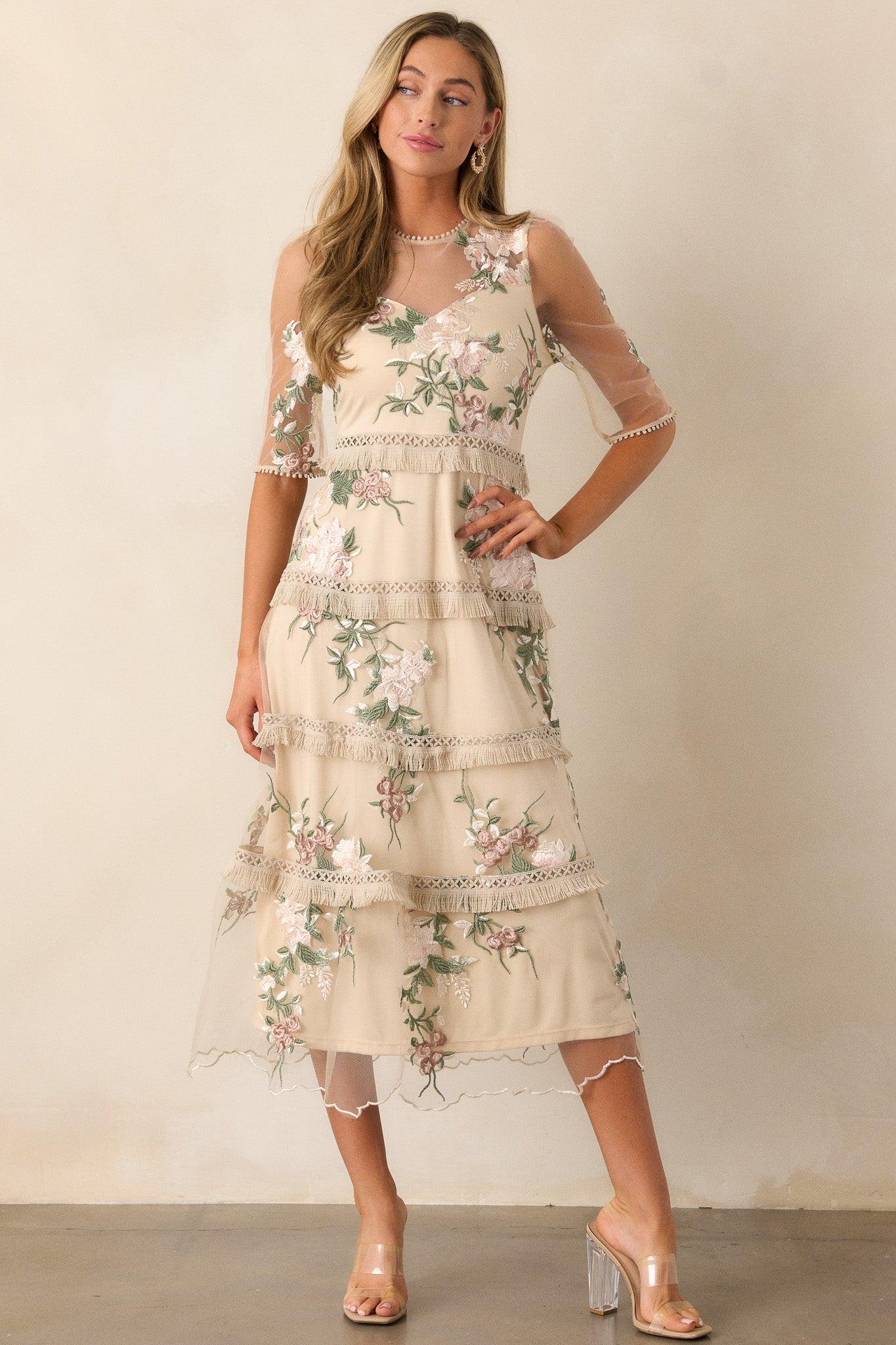Honestly Love You Beige Floral Midi Dress Product Image