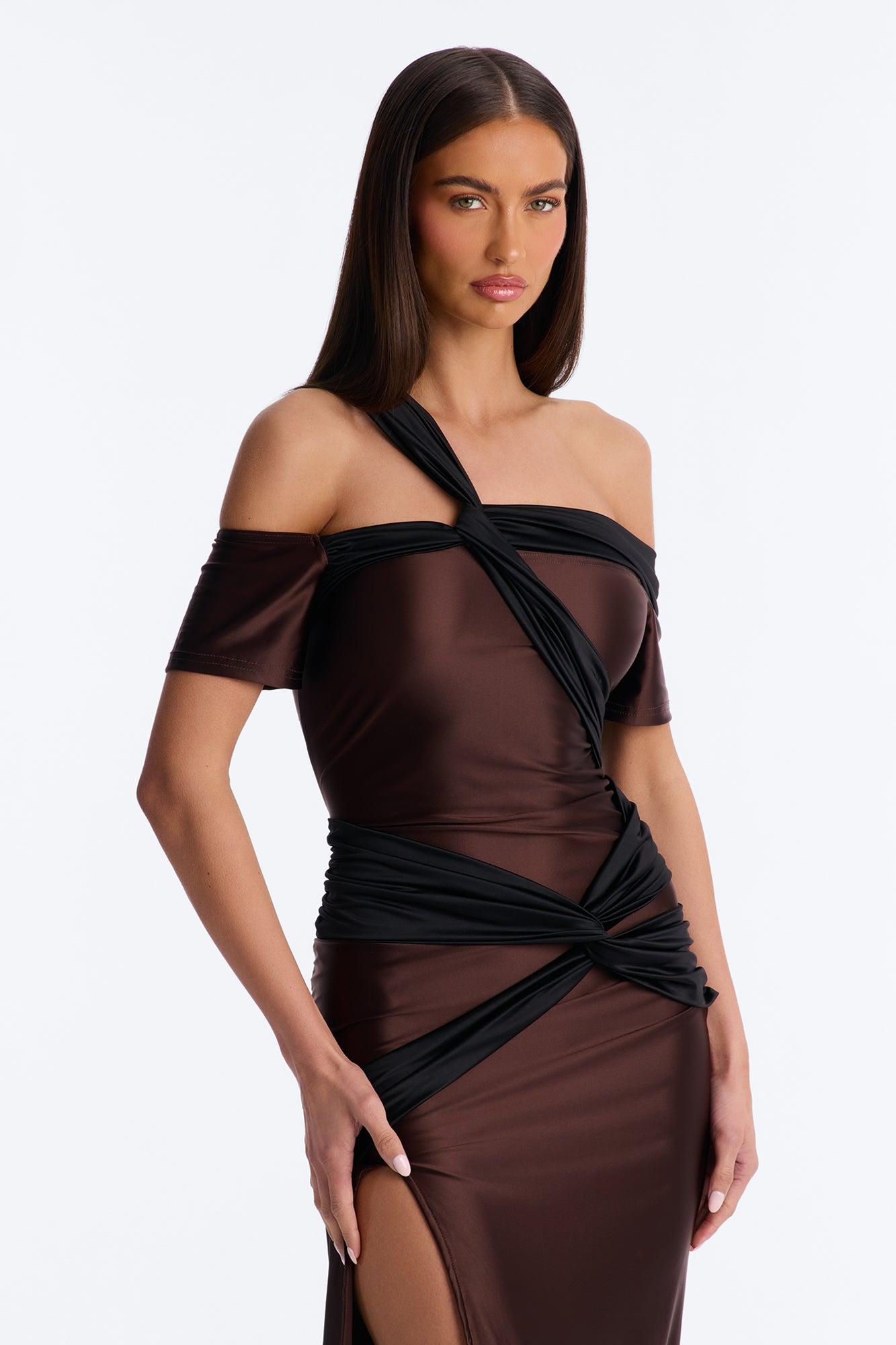 Malia Draped Midi Dress - Chocolate/Combo Female Product Image