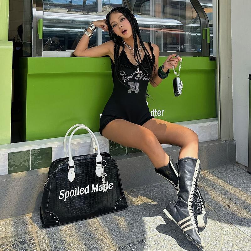 Spaghetti Strap V-Neck Rhinestone Ruffled-Trim Romper Product Image