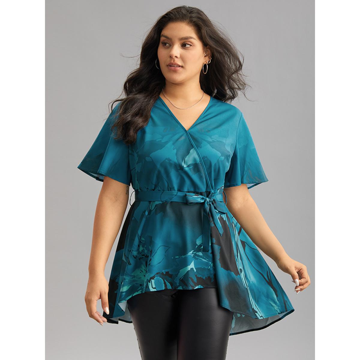 Plus Size Aegean Boho Print Wrap Ruffle Sleeve Blouse Women Elegant Short sleeve V-neck Dailywear Blouses BloomChic 12/L Product Image