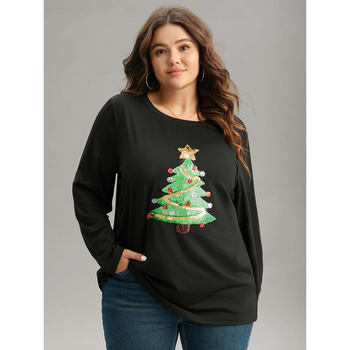 Plus Size Christmas Trees Sequin Round Neck T-shirt Black Women Casual Sequin Christmas Festival-Christmas T-shirts BloomChic 18-20/2X Product Image