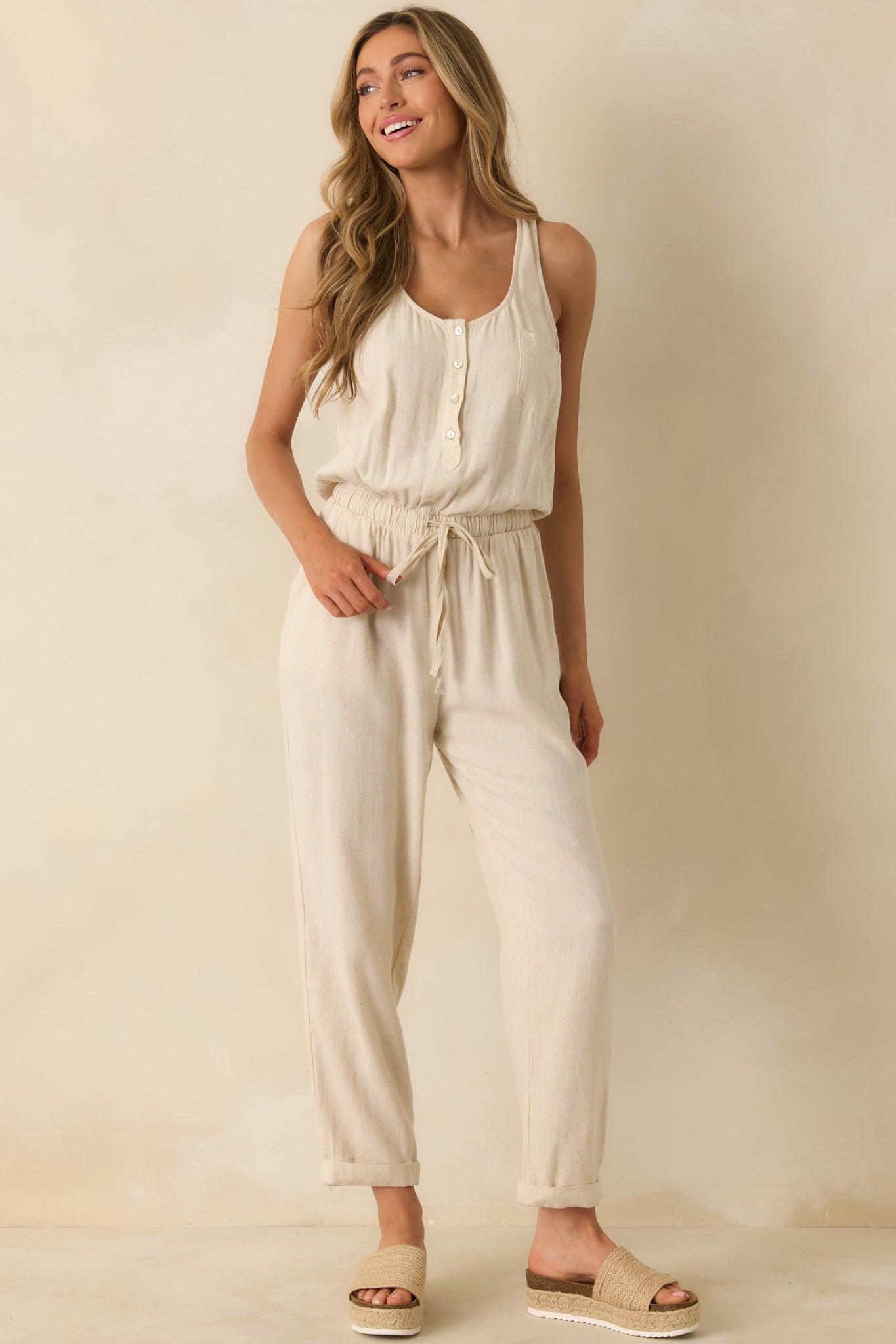 Anywhere And Everywhere Natural Linen Blend Sleeveless Jumpsuit Product Image