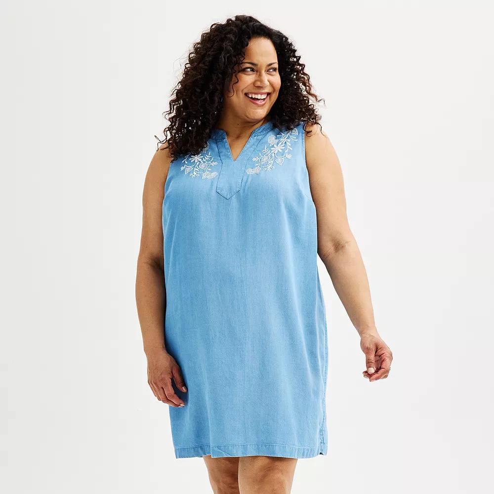 Plus Size Croft & Barrow® Embroidered Split Neck Dress, Women's, Size: 2XL, Light Blue Chambray Product Image