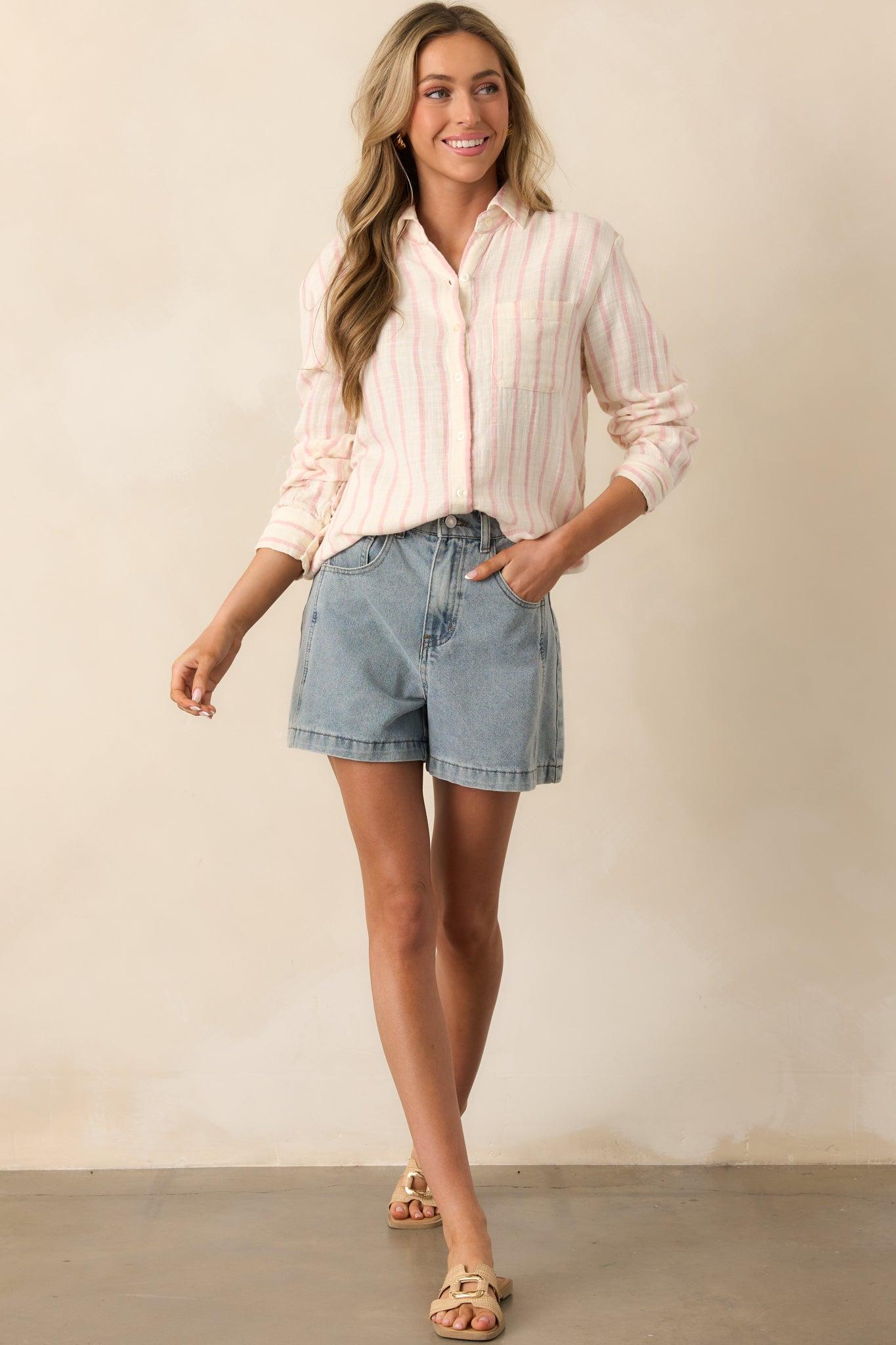 Doing It My Way Light Wash Cotton High Waisted Denim Shorts Product Image