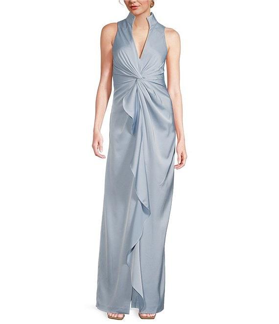 Aidan Mattox Satin V-Neck Twist Front with Cascading Ruffle Gown Product Image