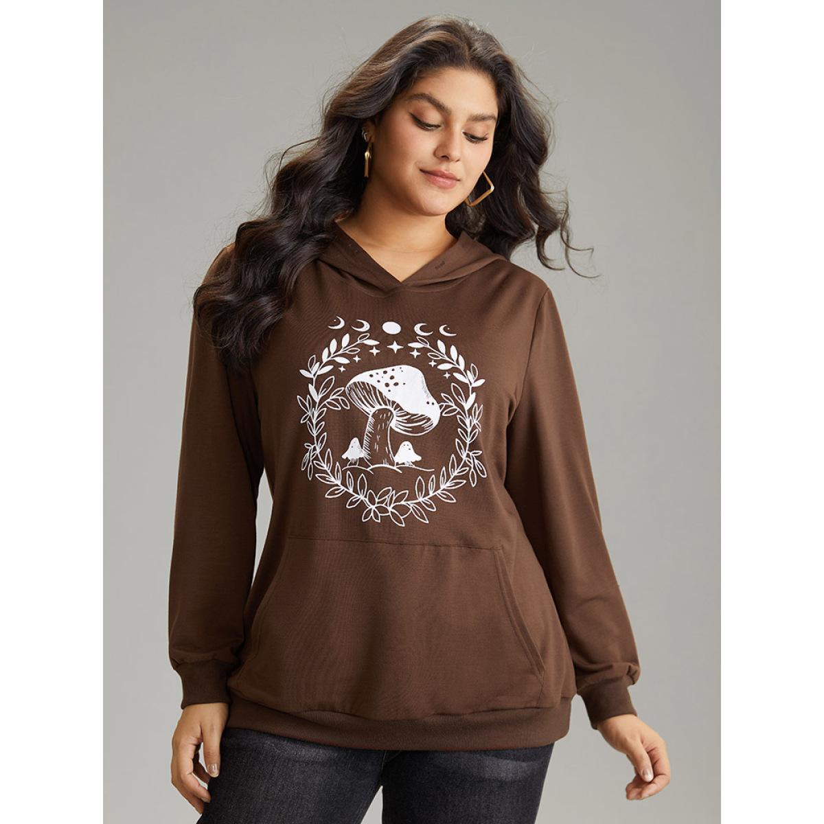 Plus Size Plants Print Hooded Kangaroo Pocket Sweatshirt Women DarkBrown Casual Printed Dailywear Sweatshirts BloomChic 18-20/2X Product Image