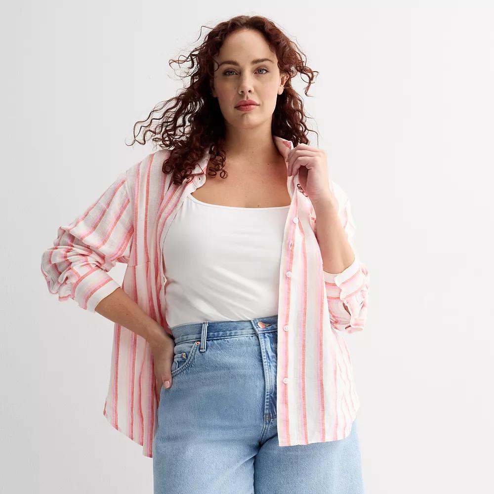 Plus Size Sonoma Goods For Life® Oversized Linen-Blend Boyfriend Shirt, Women's, Size: 4XL, Multi Pink Stripe Product Image