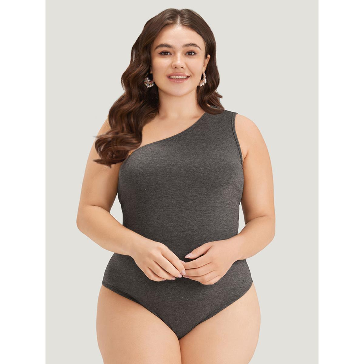 Plus Size Plain One Shoulder Slightly Stretchy Bodysuit Women DimGray Plain Plain Bodysuits BloomChic 22-24/3X Product Image