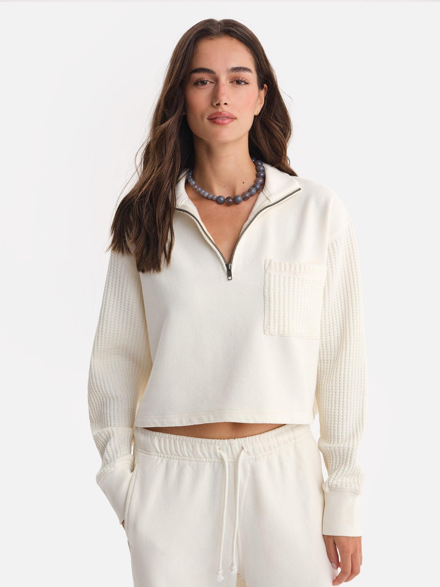 Organic Fleece and Waffle Cropped Half-Zip Sweatshirt Female Product Image