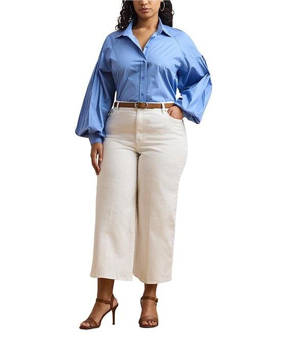 Lauren Ralph Lauren Plus Size Cotton Poplin Point Collar Long Blouson Sleeve Button-Front Shirt Product Image