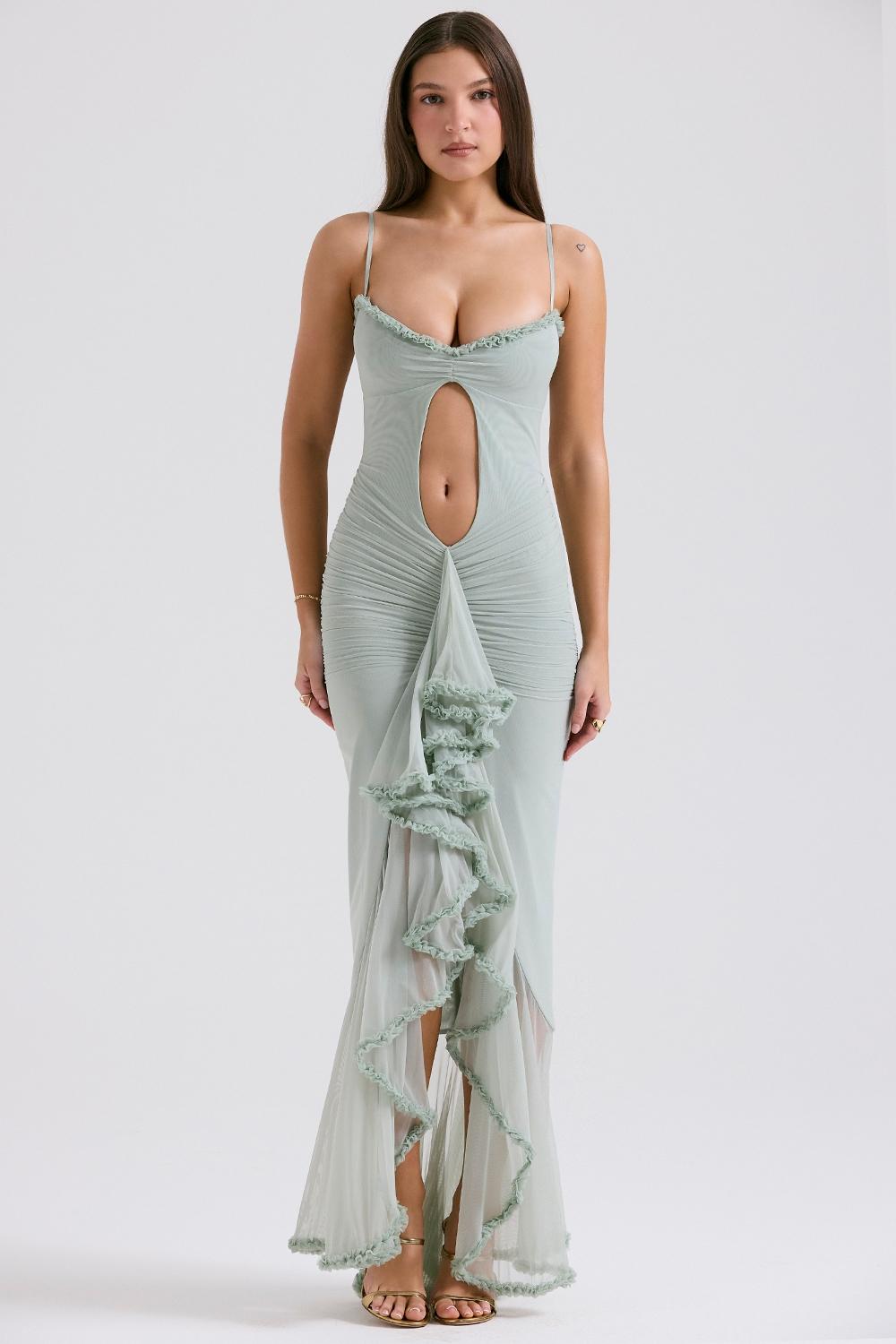 Gabriella  pistachio ruffled front gown Product Image