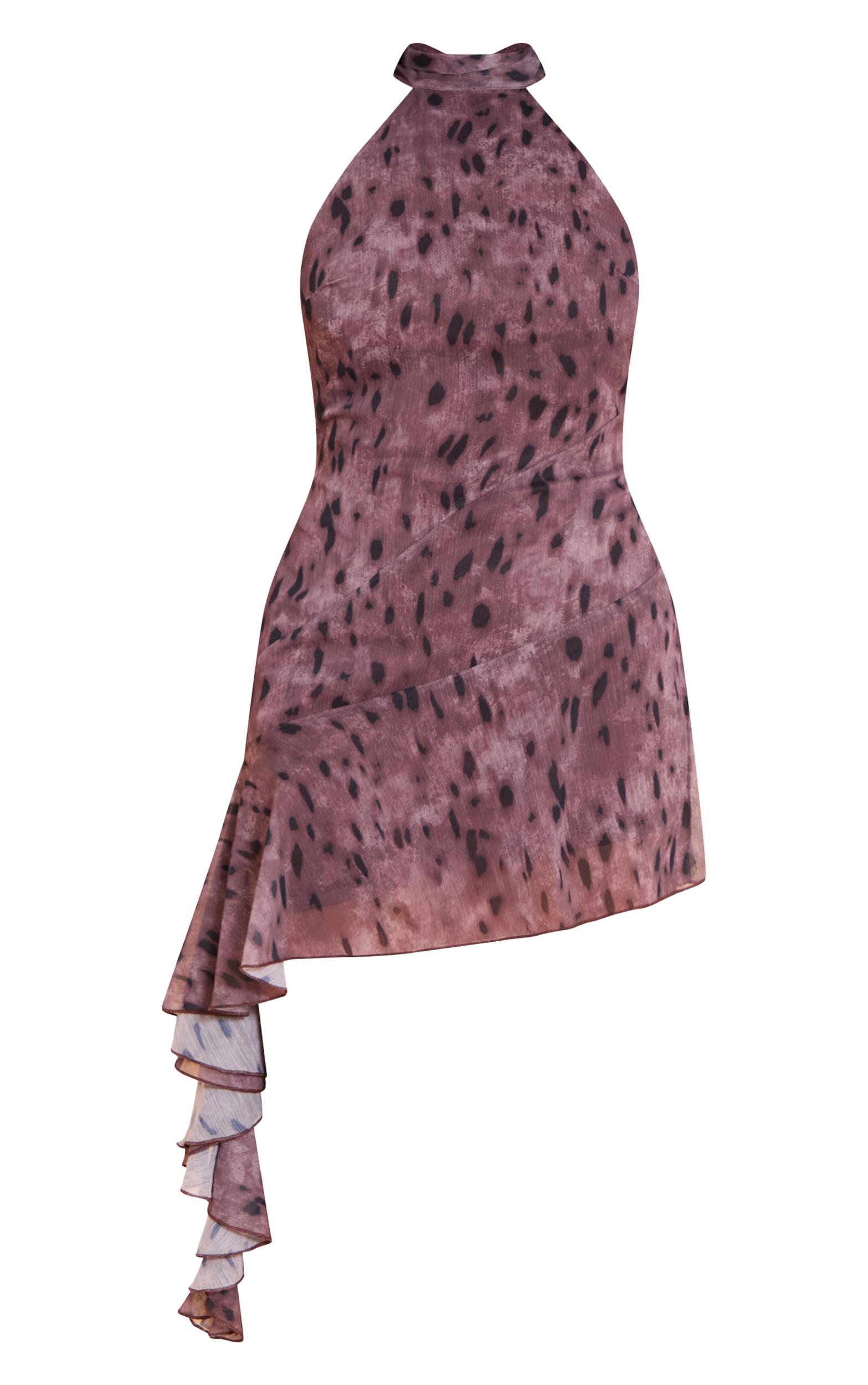 Taupe Abstract Print Chiffon Halter Neck Frill Detail Shift Dress Product Image