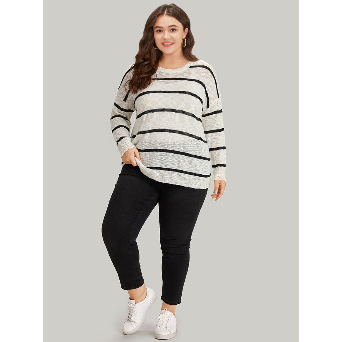 Plus Size Striped Drop Shoulder Lightweight Loose Pullover Beige Women Casual Loose Long Sleeve Round Neck Everyday Pullovers BloomChic 14-16/1X Product Image