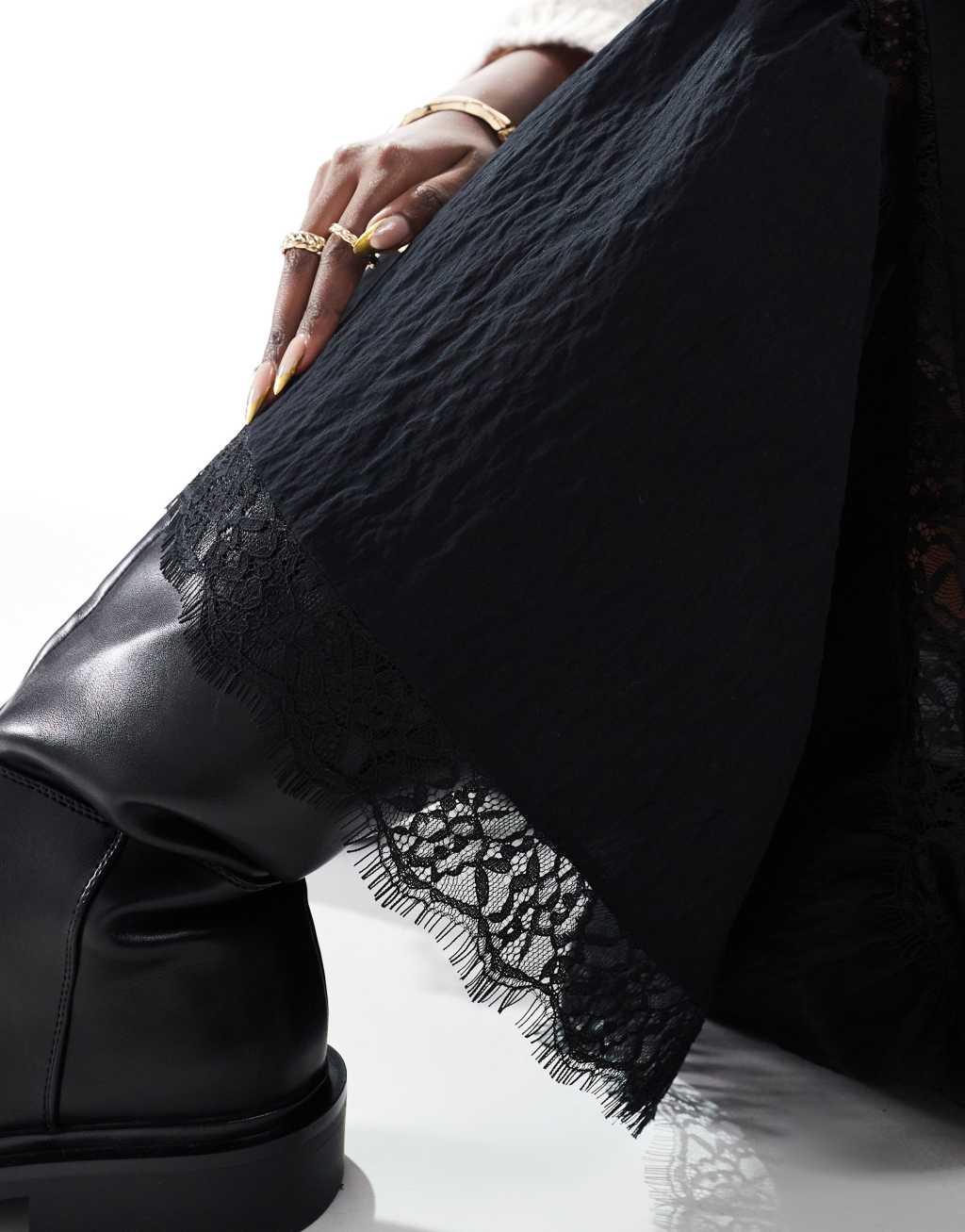 ASOS DESIGN tiered lace insert maxi skirt in black Product Image