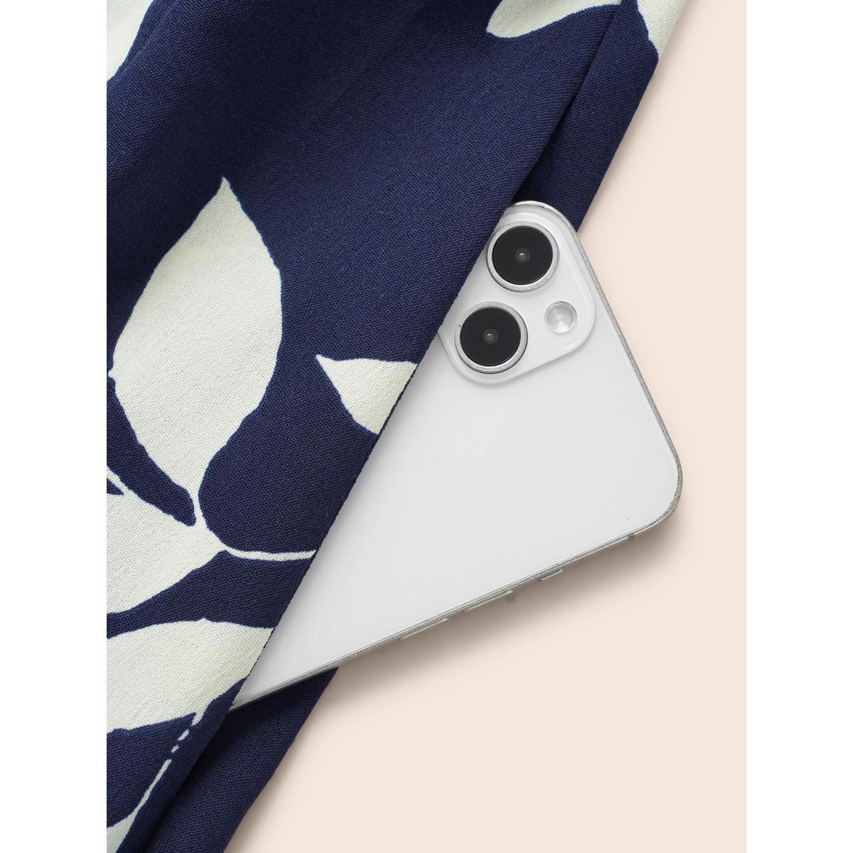 Plus Size Leaf Print Pocket Belted Dress DarkBlue Women Casual Belted Round Neck Short sleeve Curvy Midi Dress BloomChic 18-20/2X Product Image