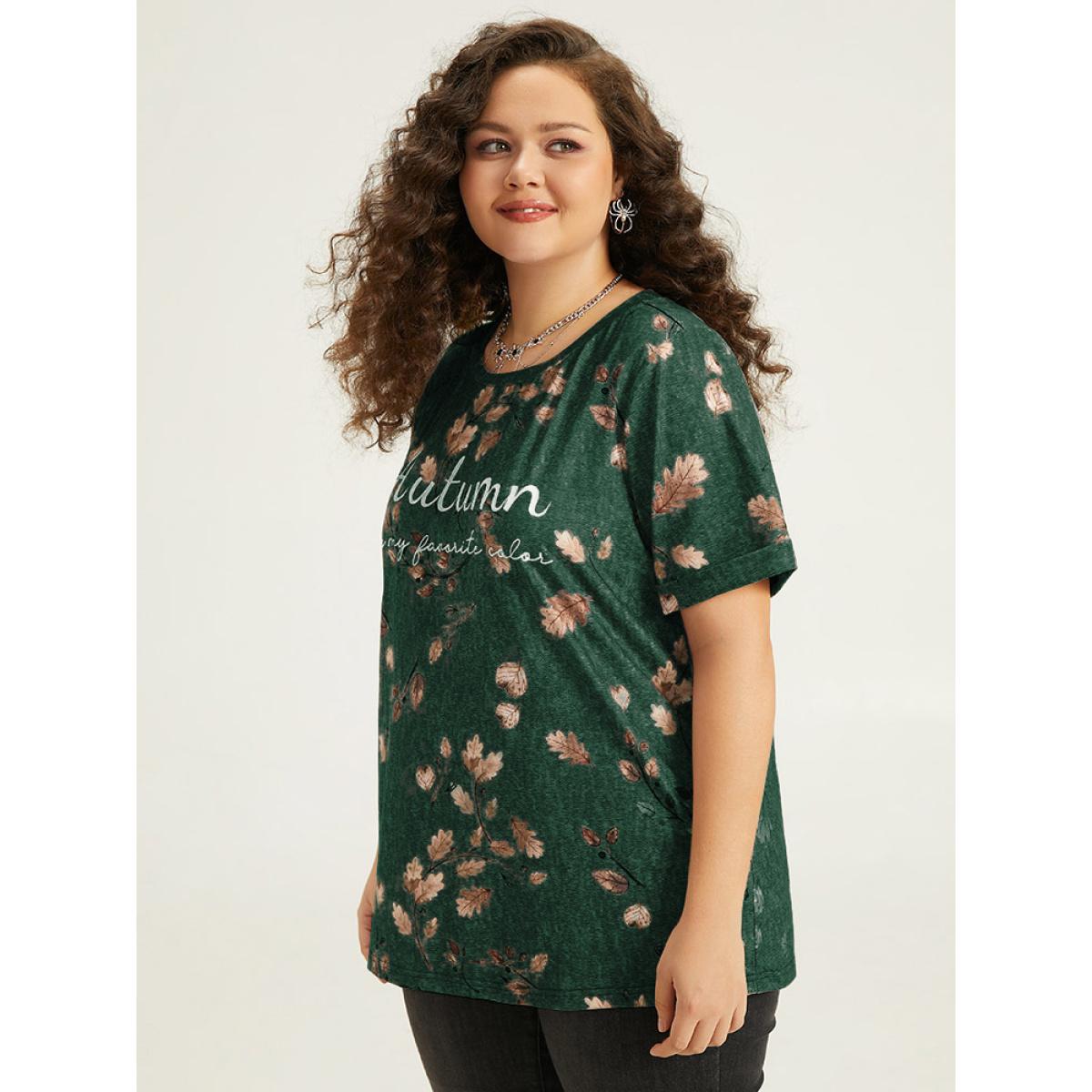 Plus Size Halloween Letter & Plant Print Cuffed Sleeve T-shirt Green Women Casual Printed Positive slogan Round Neck Festival-Halloween T-shirts BloomChic 14-16/1X Product Image