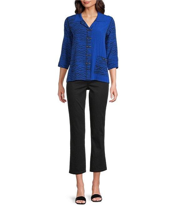 Ali Miles Petite Size Woven Zebra Colorblock Point Collar 3/4 Sleeve Button Front Tunic Product Image
