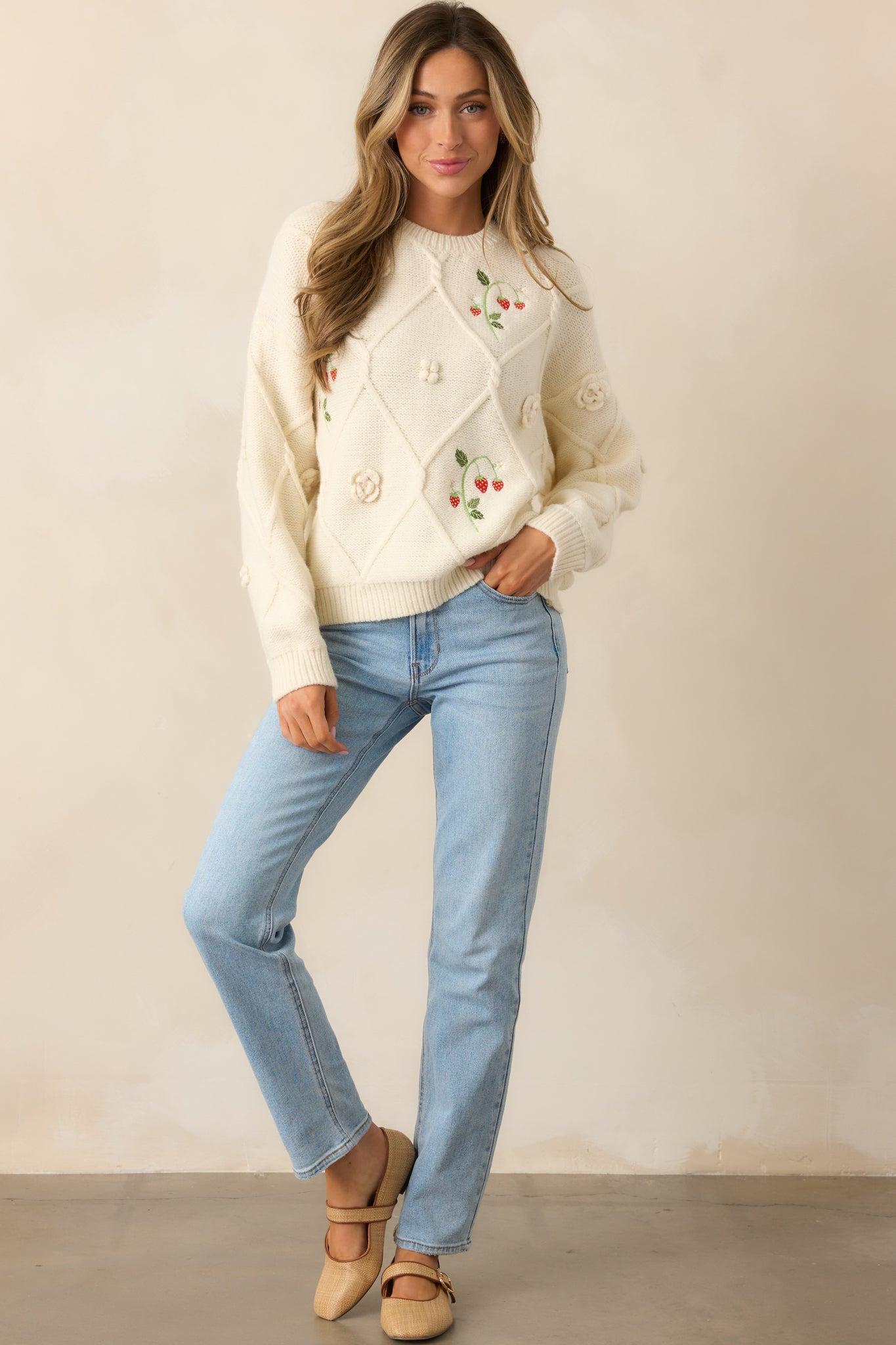 Berry Breeze Ivory Embroidered Sweater Product Image