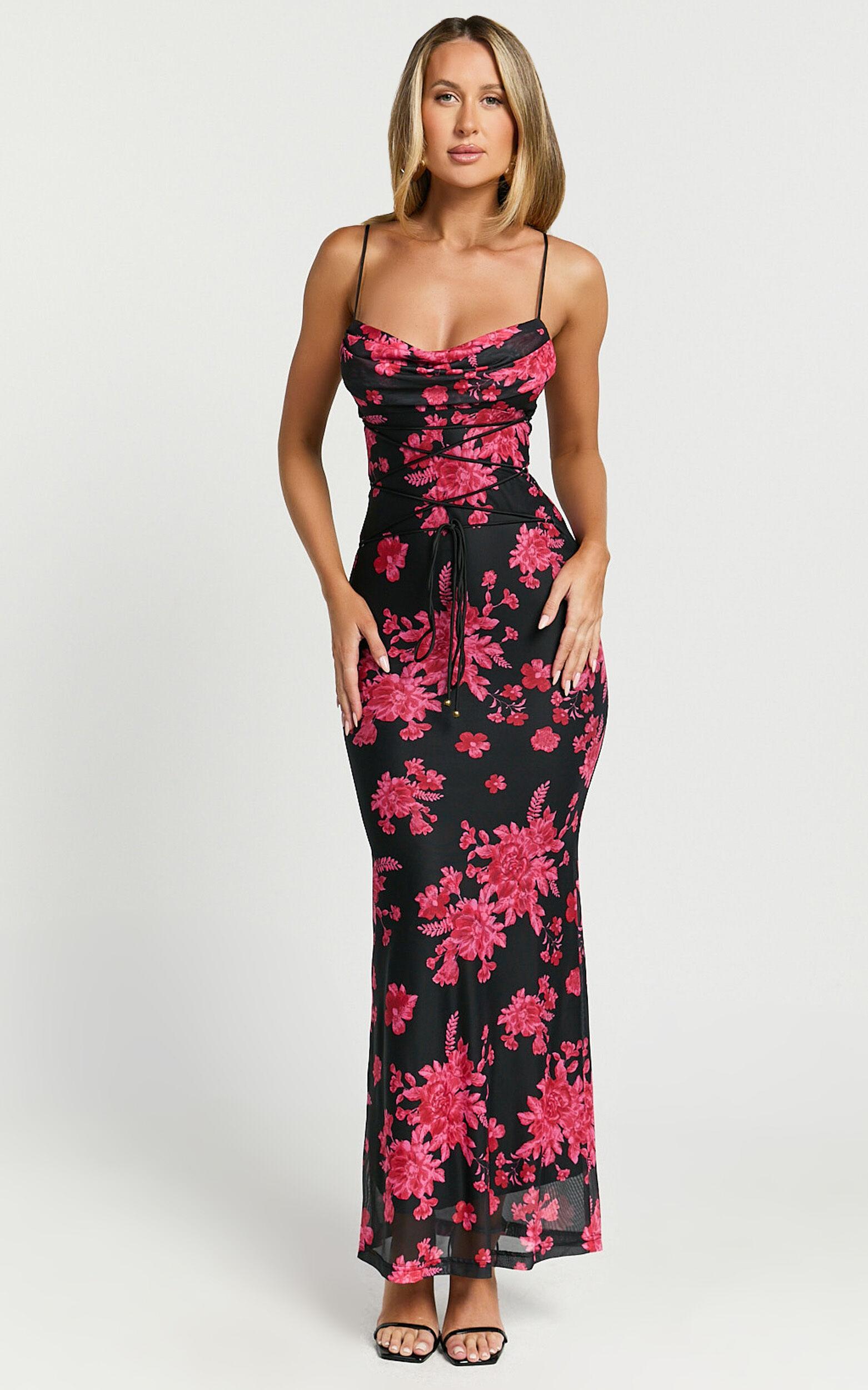 Ariel Midi Dress - Mesh Bodycon Tie Detail Dress in Black & Red Floral Product Image