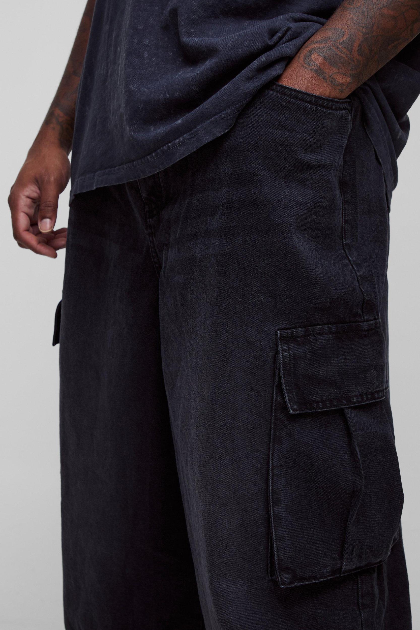 Plus Denim Cargo Parachute Jeans with Pleat Waist Detail | boohooMAN USA Product Image