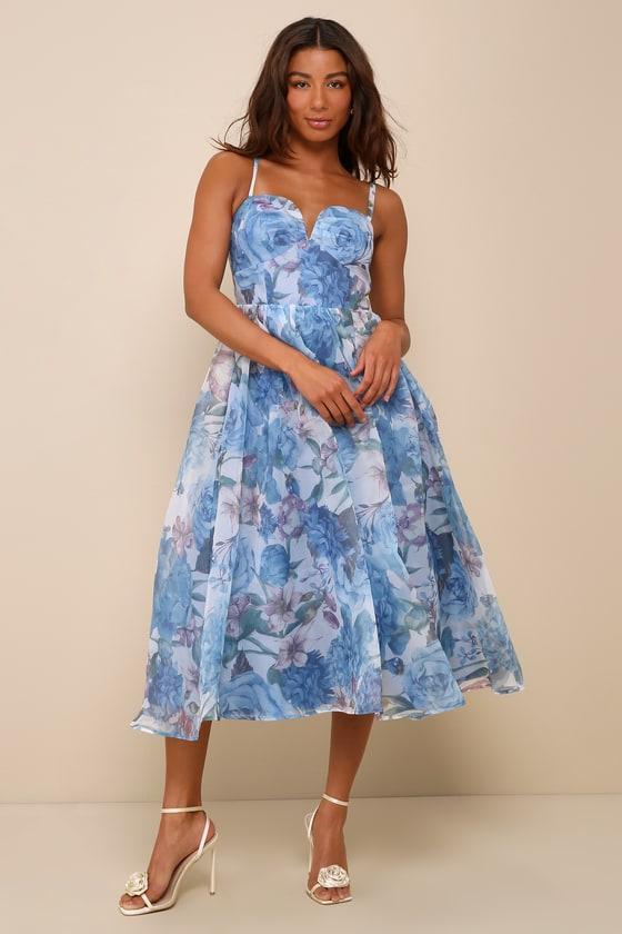 Cherished Aura Blue Multi Floral Organza Bustier Midi Dress Product Image