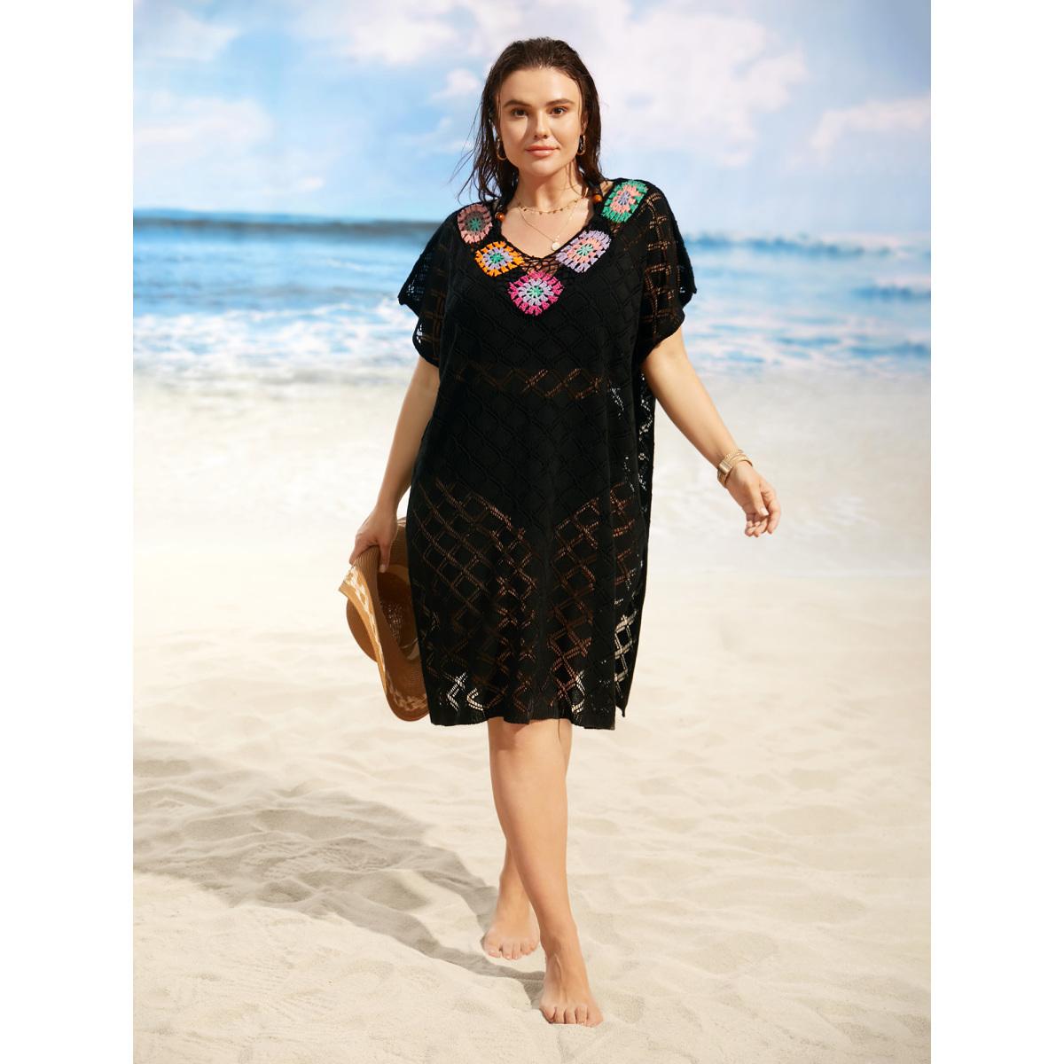 Plus Size Crochet Floral Split Side Dolman Sleeve Swim Cover Up Women's Swimwear Black Beach Loose Crochet Curve Swim Cover Ups BloomChic 28/5X Product Image