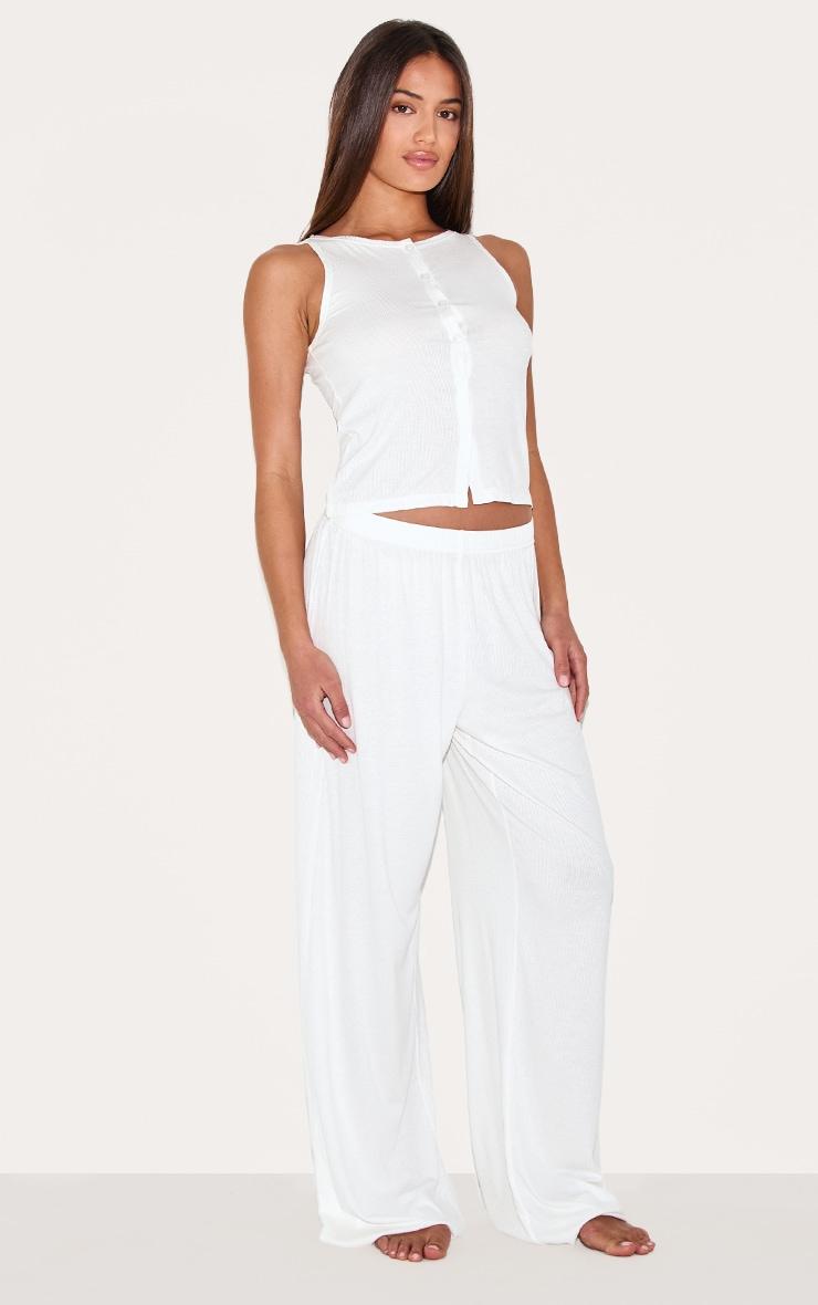 White Ribbed Button Vest Long Pj Set Product Image