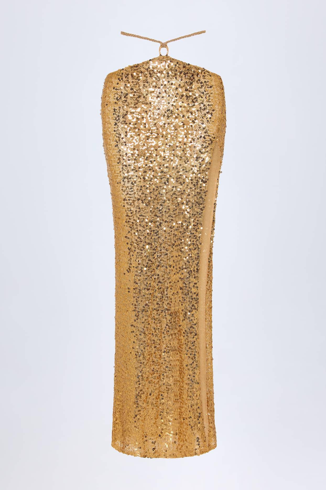 Embellished Hardware-Detail Strappy Maxi Skirt in Gold Product Image