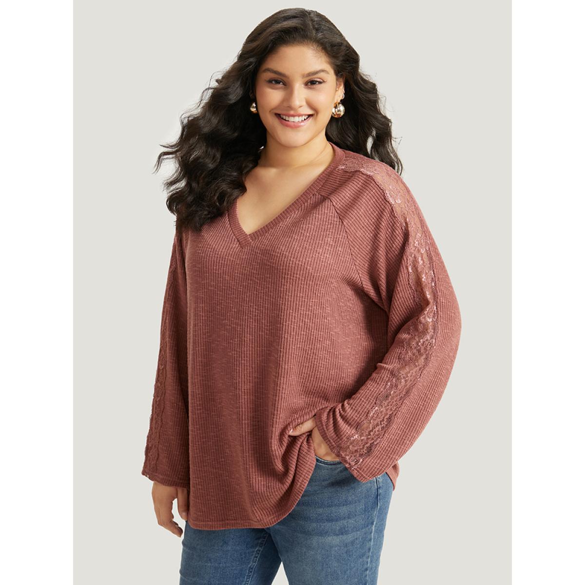 Plus Size Rib Knit Lace Panel Raglan Sleeve T-shirt DustyPink Women Elegant Texture Plain V-neck Dailywear T-shirts BloomChic 28/5X Product Image