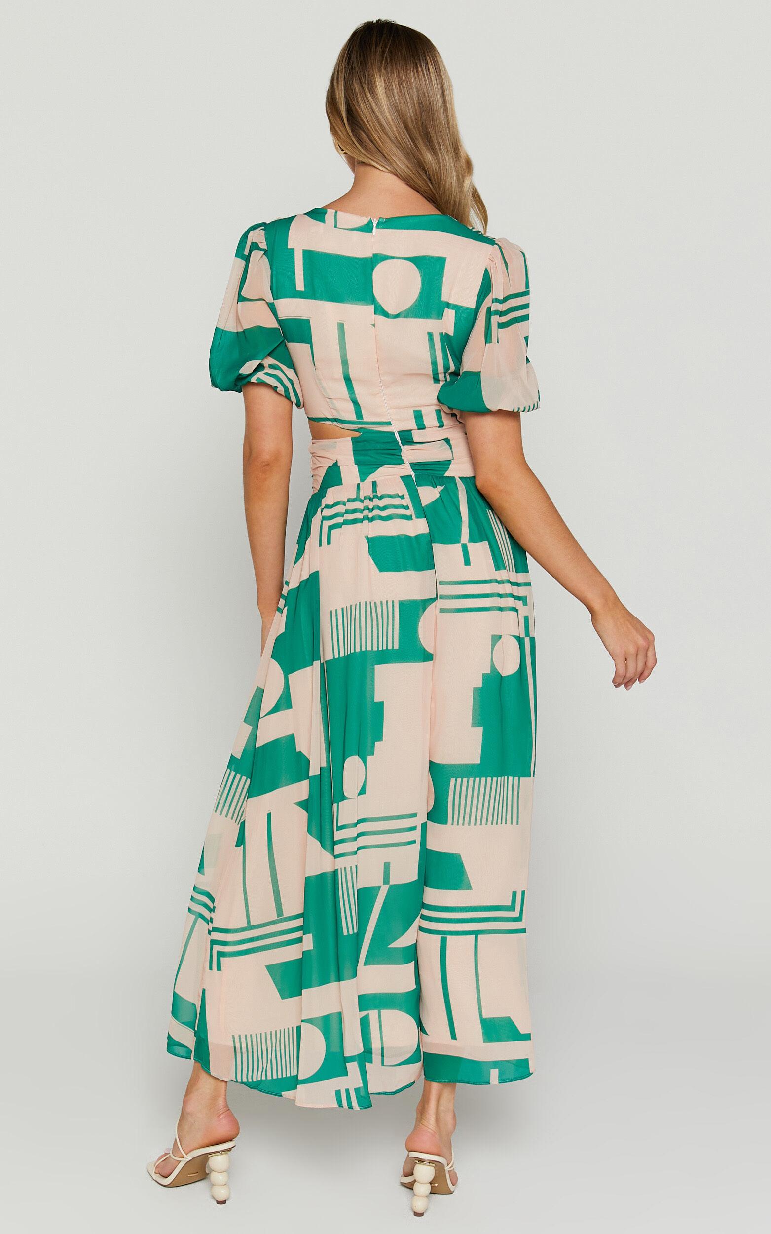 Lindey Midi Dress - Side Cut Plunge Neck Puff Sleeve Dress in Green and Cream Geo Product Image