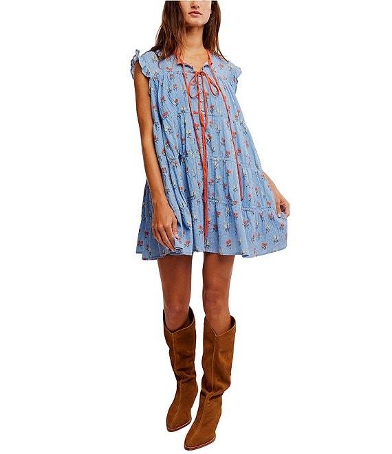 Free People Sundown Floral Print Split Neck Cap Sleeve Mini Babydoll Dress Product Image
