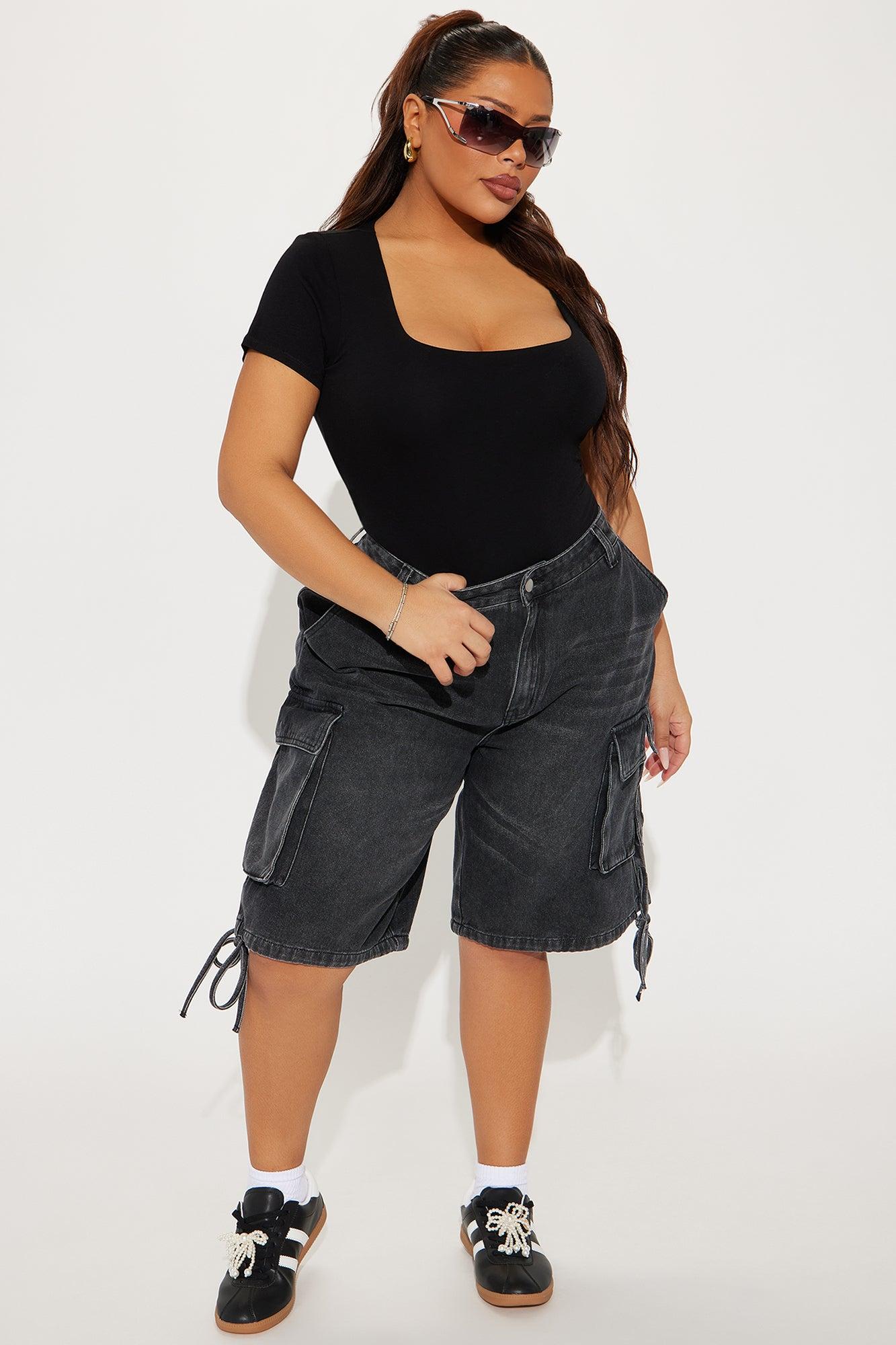 Elsy Non Stretch Cargo Denim Jorts - Black Wash Product Image