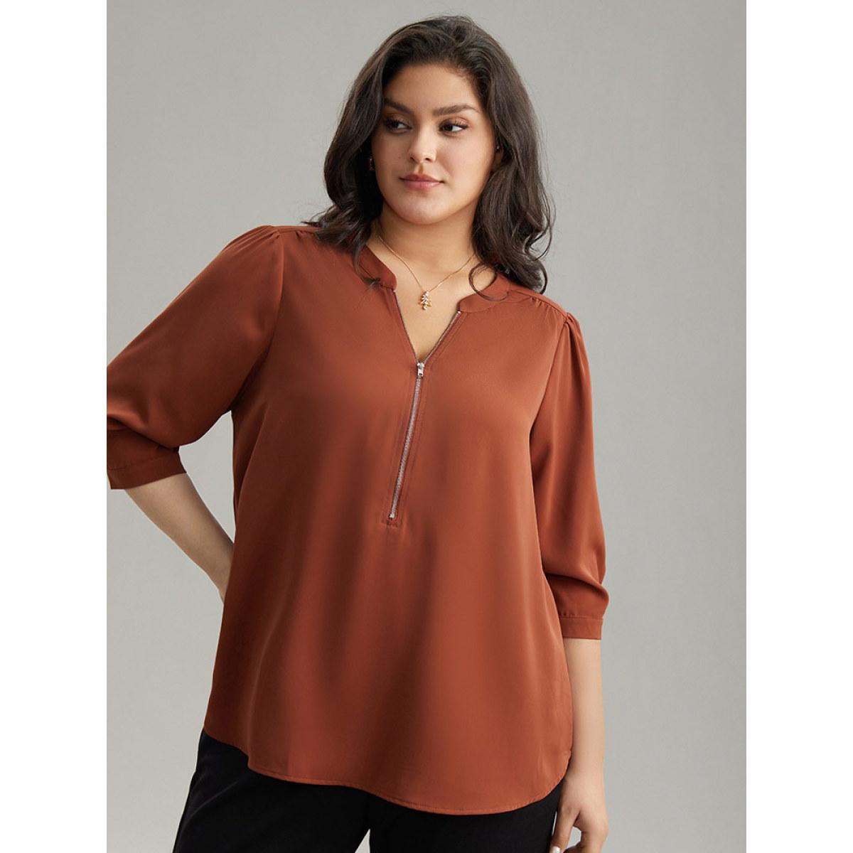 Plus Size Rust Plain Half Zip Gathered Blouse Women Work From Home Elbow-length sleeve V-neck Office Blouses BloomChic 14-16/1X Product Image