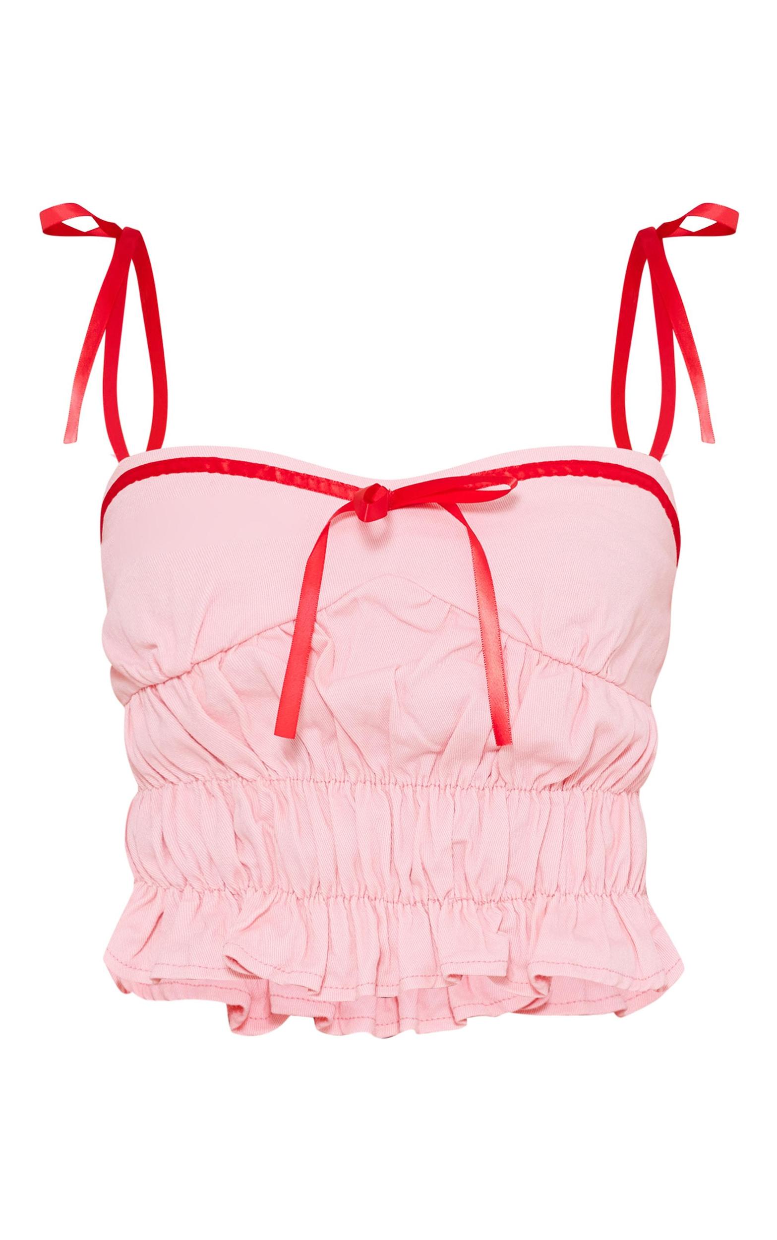 Pink Ribbon Strap Ruched Denim Crop Top Product Image