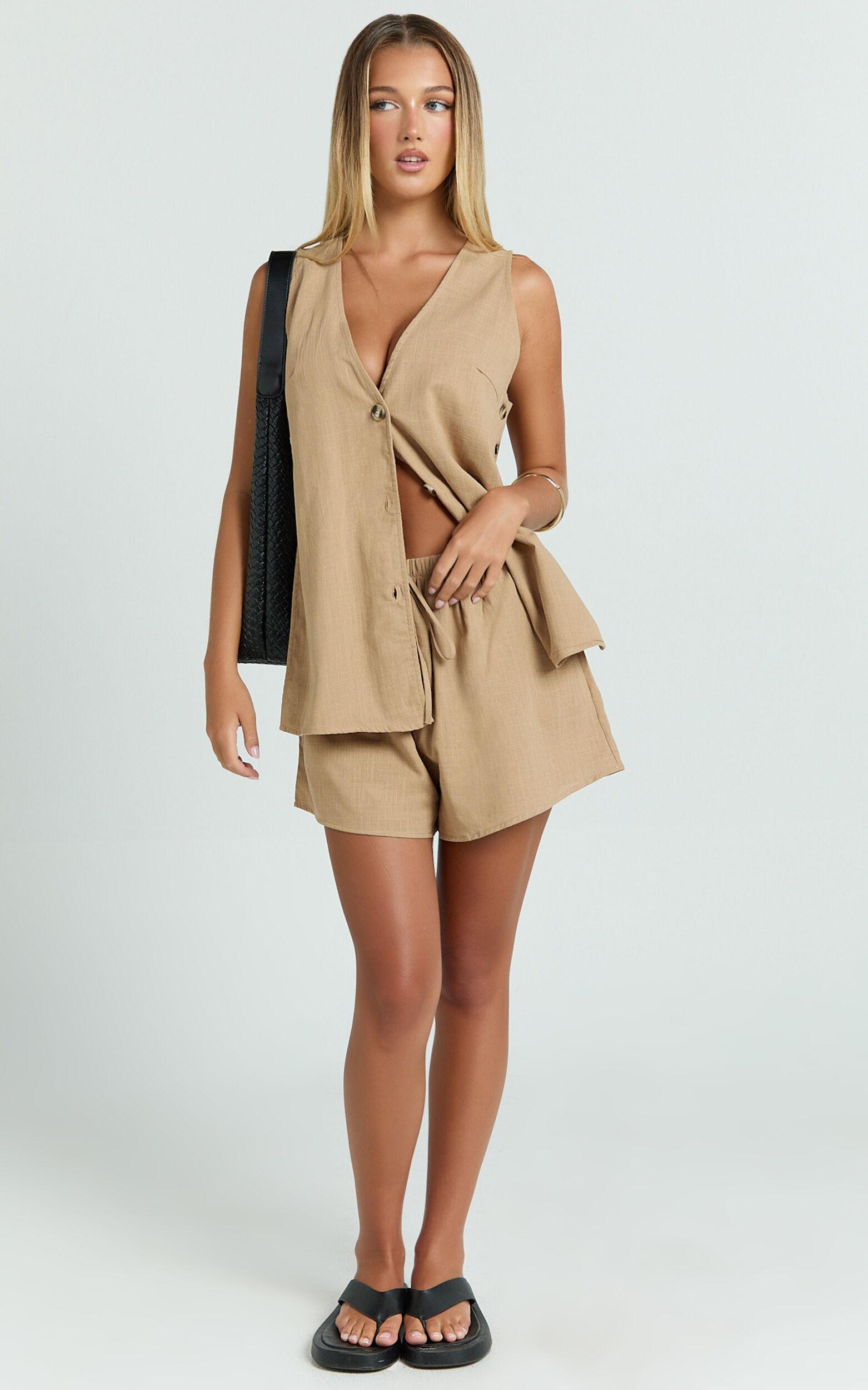 Devon Two Piece Set - Open Side Detail Top & Short Linen Set in Biscuit Product Image