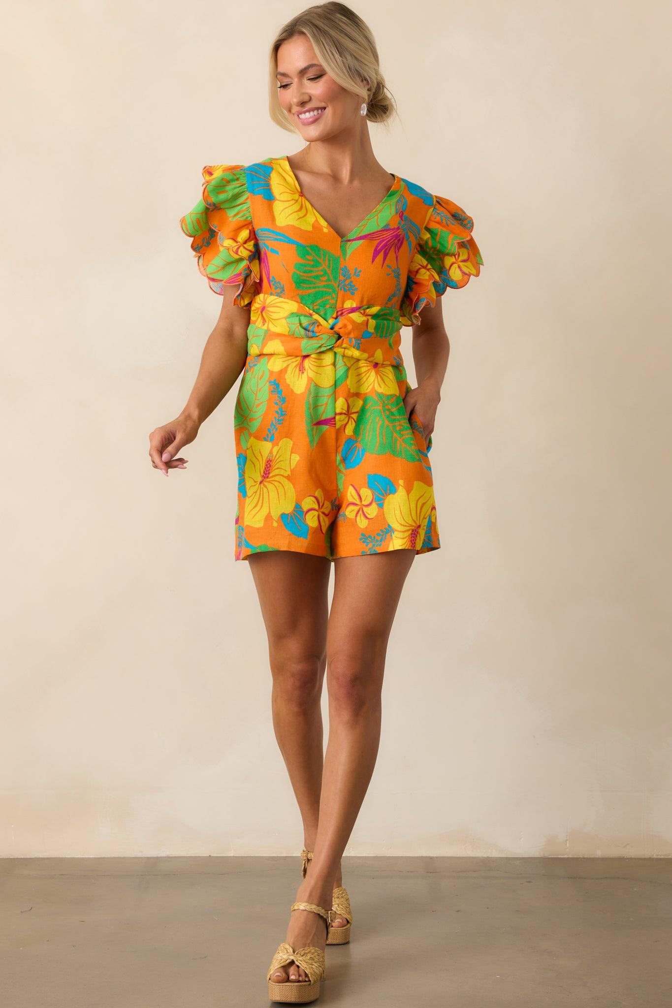 Palm Tree Shadows Orange Tropical Print Linen Romper Product Image