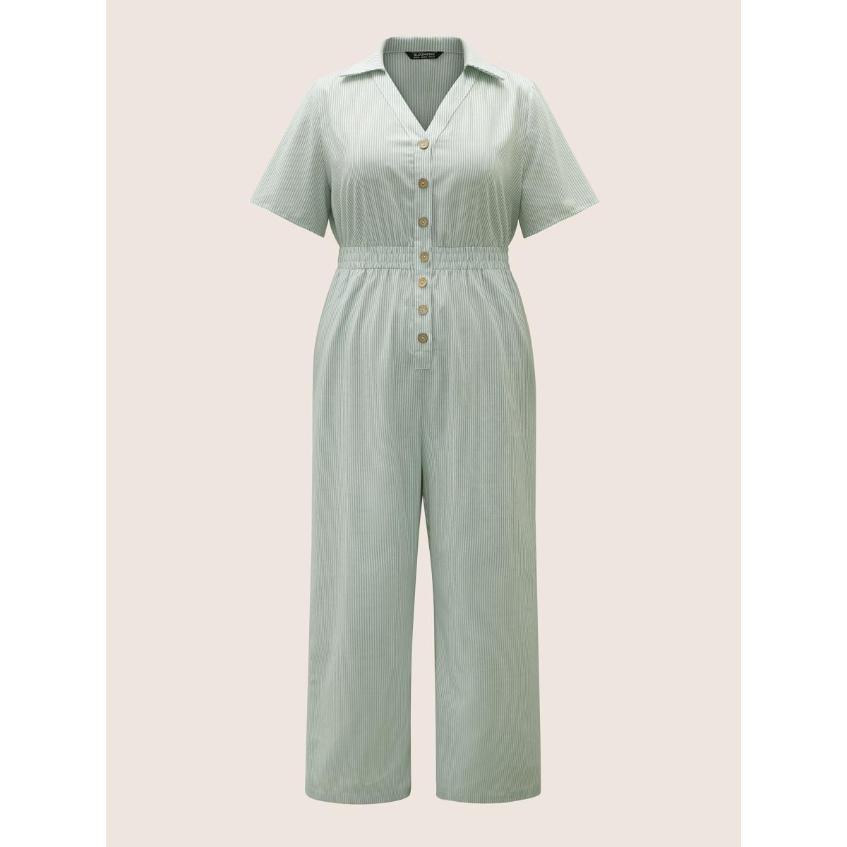 Plus Size LightGreen Striped Lapel Collar Shirred Button Detail Jumpsuit Women Casual Short sleeve V-neck Everyday Loose Jumpsuits BloomChic 18-20/2X Product Image