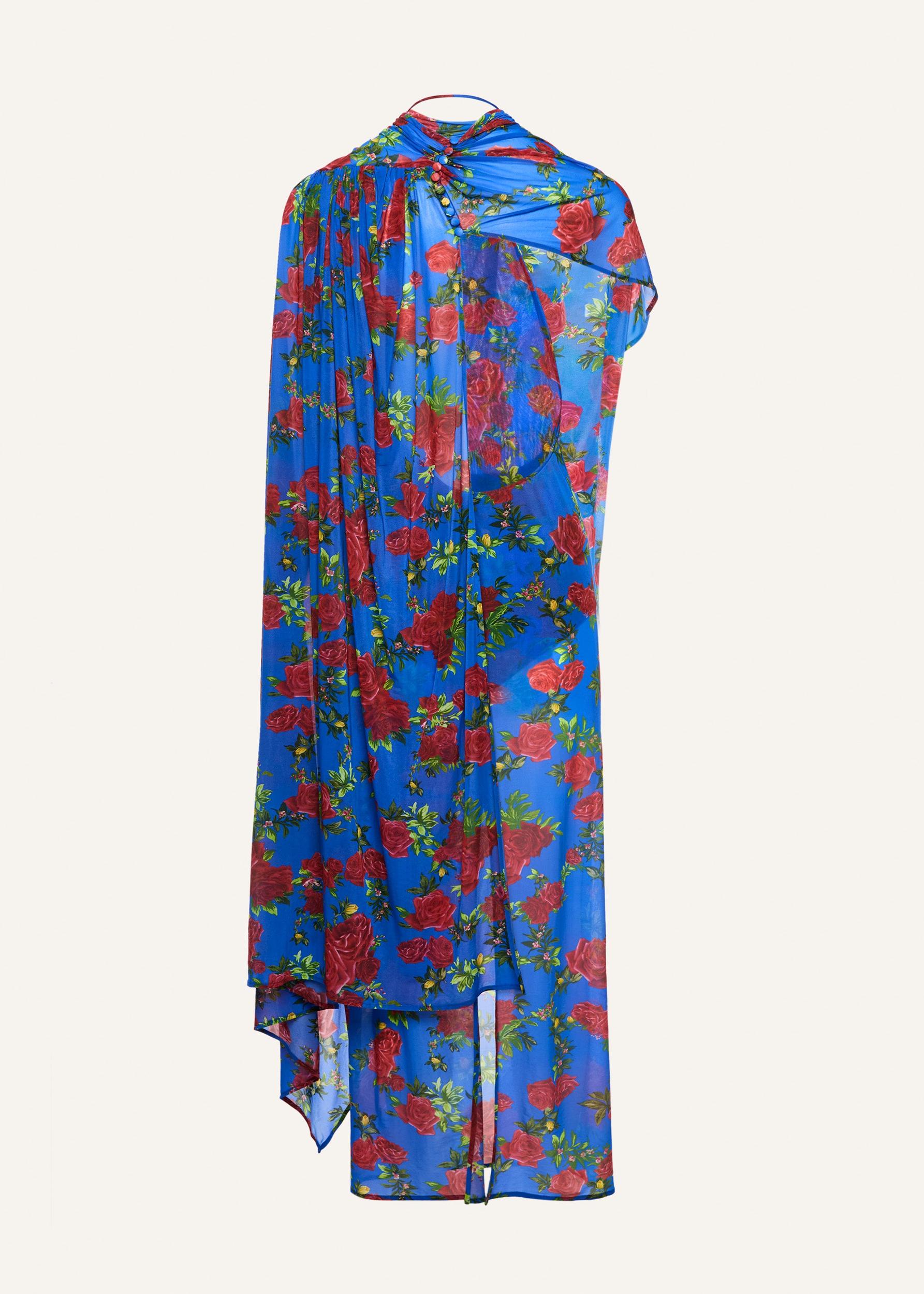 Asymmetric drape gown in blue floral print Product Image