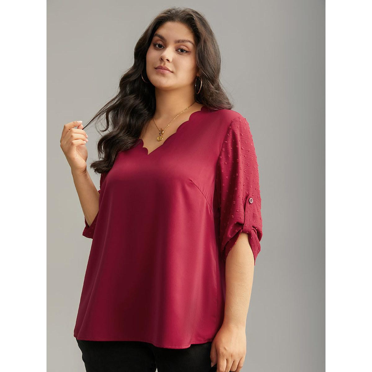 Plus Size Scarlet Plain V Neck Tab Sleeve Scalloped Trim Blouse Women Office Elbow-length sleeve V-neck Office Blouses BloomChic 12/L Product Image