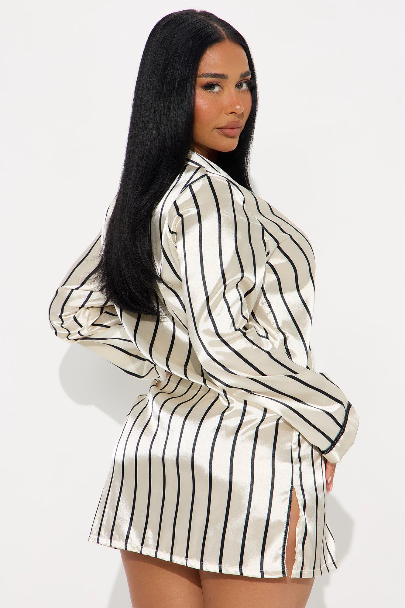 Elle Satin Long Sleeve PJ Sleep Shirt - Ivory/combo Product Image