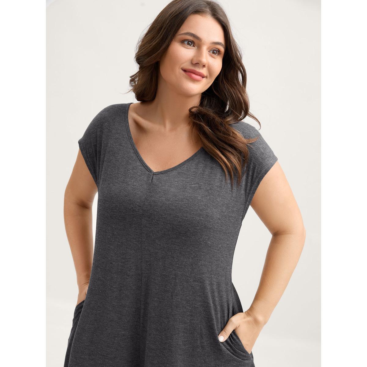 Plus Size DimGray Supersoft Waist-Contouring Wide-Leg Jumpsuit Women Leisure Cap Sleeve Heart neckline Casual Loose Jumpsuits BloomChic 10/M Product Image