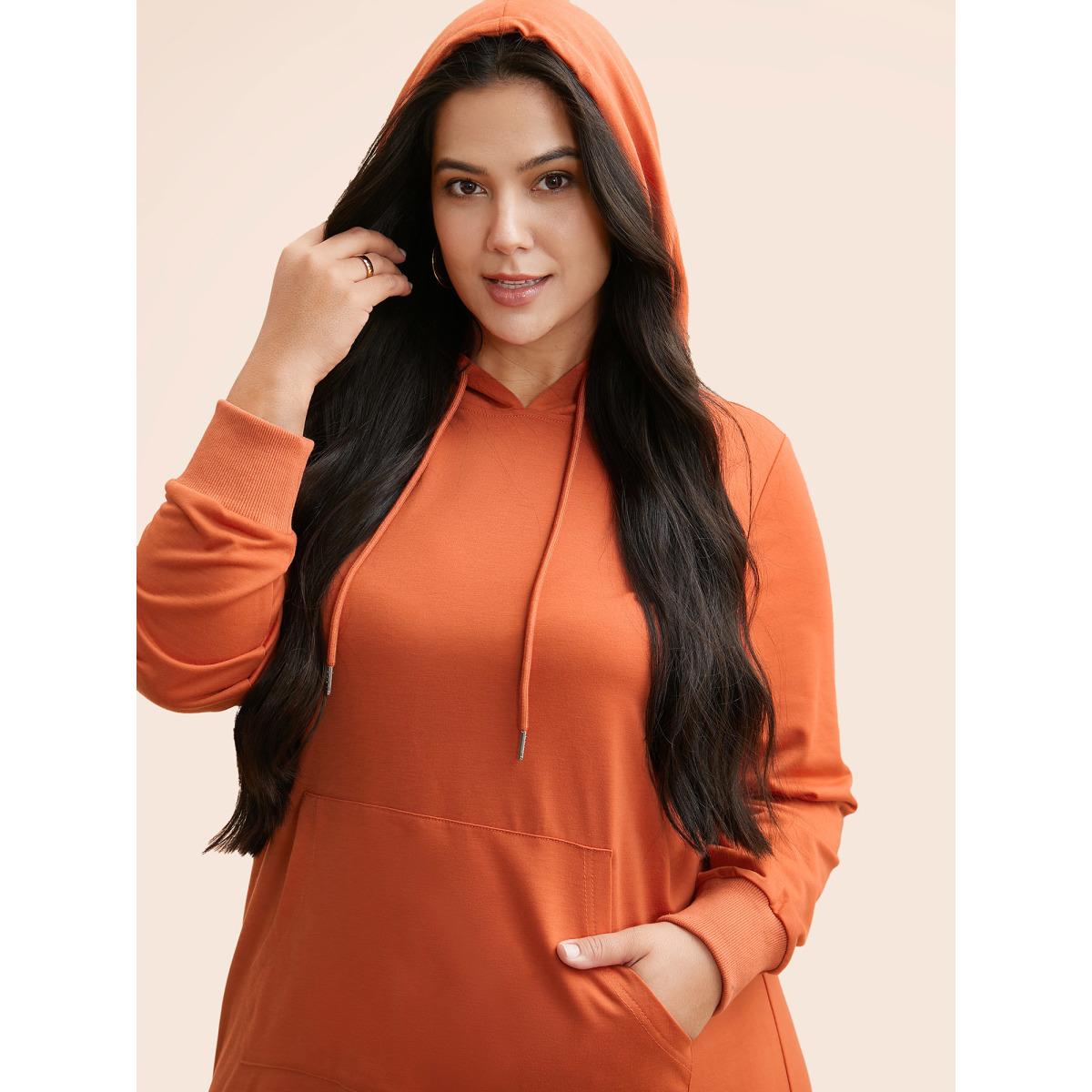 Plus Size Plain Hooded Drawstring Kangaroo Pocket Dress OrangeRed Women Casual Non Hooded Long Sleeve Curvy BloomChic 10/M Product Image